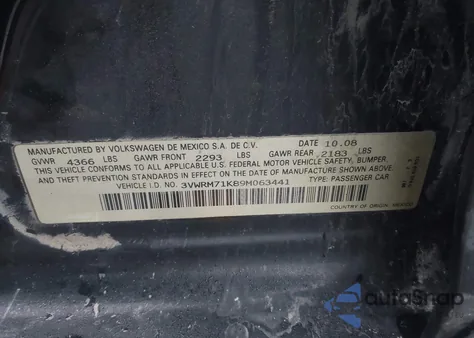 2009 Volkswagen Jetta Sel из США, поврежденный, VIN 3VWRM71K89M063441